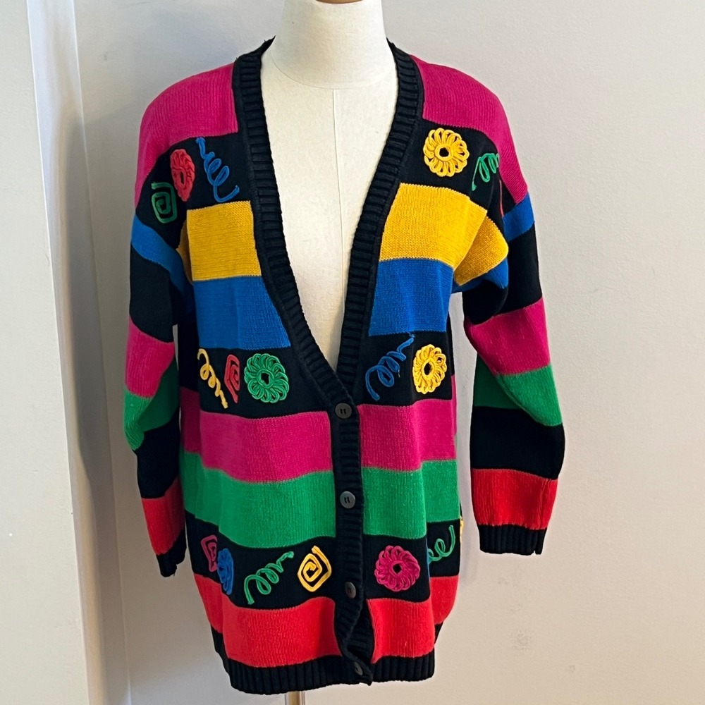 Chaus Sport Vintage Multi-Color Striped Embroidered Cardigan Sweater Womens M